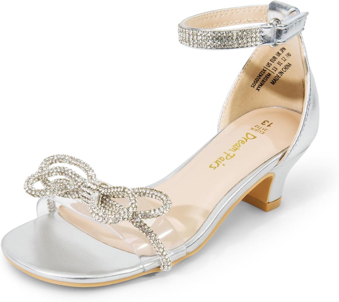 DREAM PAIRS Girls Sandals Ankle Strap Square Toe Low Heel Bow Flower Dress Shoes (2 Little Kid, Silver)