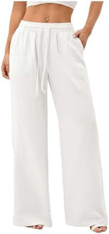 Women's Straight Wide Leg Pants Drawstring Waisted Casual Long Trousers with Pockets S