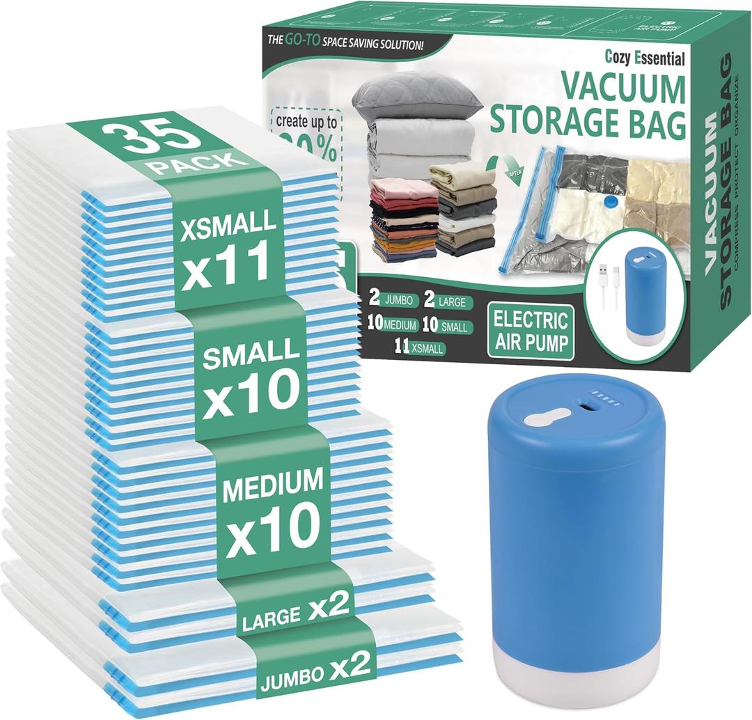 Cozy Essential Travel Vacuum Storage Bags with Rechargeable Cordless USB Pump, Space Saver Bags for Luggage, Suitcase, Carry-On, for Clothes, Blankets, Bedding & Seasonal Storage,35 Combo