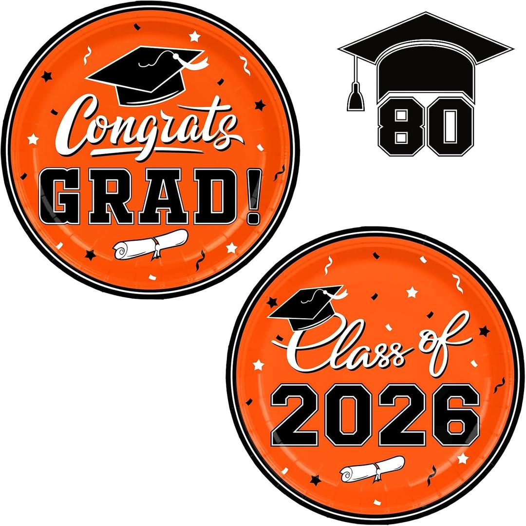 Graduation Party Supplies 2026 Graduation Party Dinnerware Orange Disposable Paper Plates for Congrats Grad Party Decorations, Serve 80