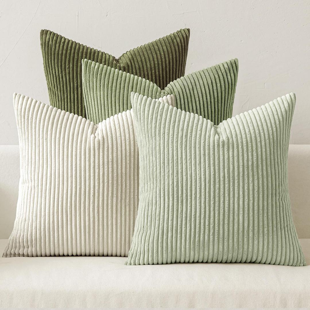 MIULEE Decorative Throw Pillow Covers Set of 4 Summer Light Green Gradient Natural Earthy Modern Classic Soft Corduroy Cushion Covers for Sofa Couch Bed Living Room Spring Home Decor 18x18 Inch