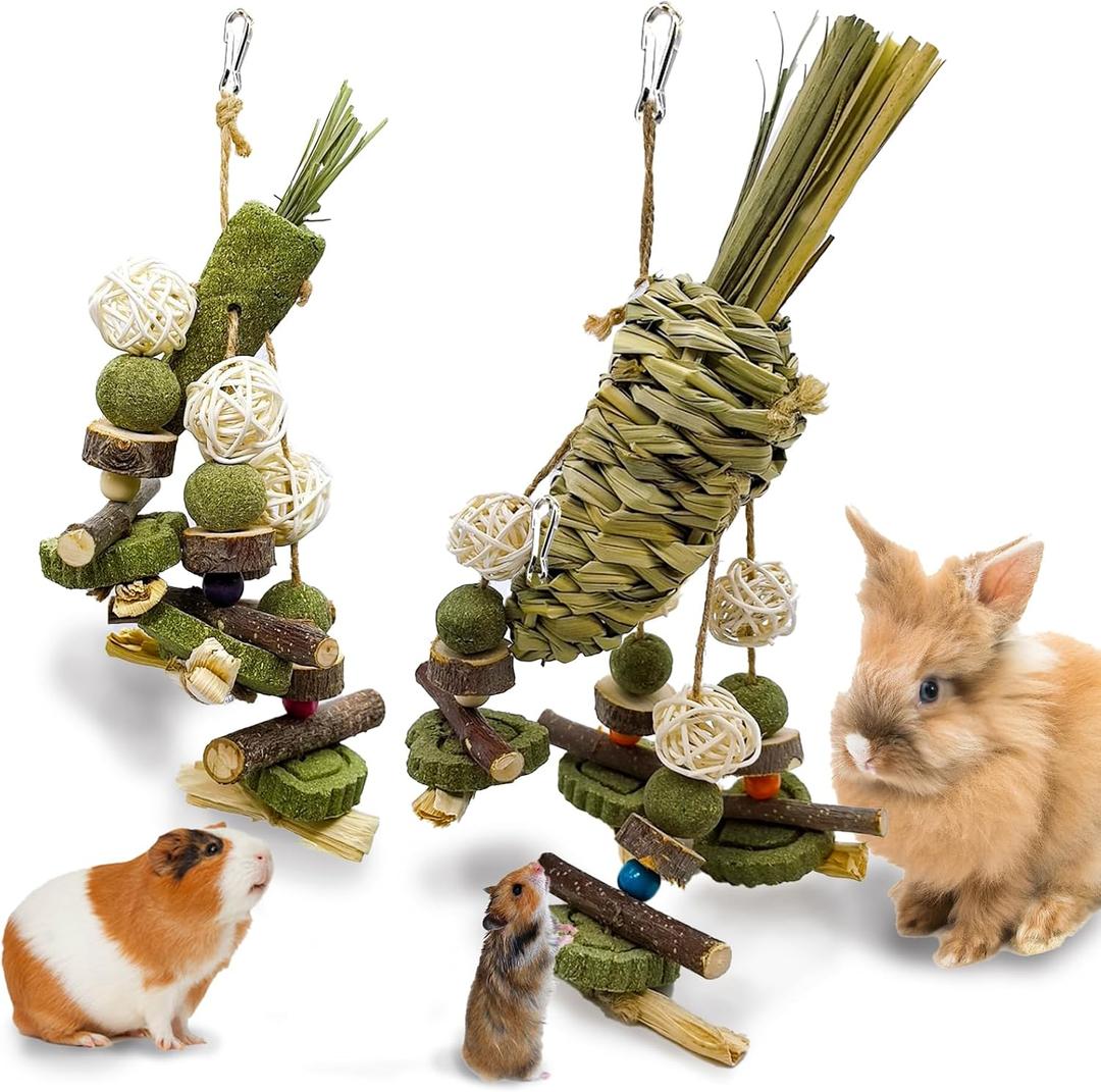 Rabbit Chew Toy, 2Pcs Bunny Cage Hanging Chew Toy & Treats,Natural Material Handwoven Chinchilla Treats Toys for Guinea Pig Hamster Rat and Other Small Pets Teeth Grinding