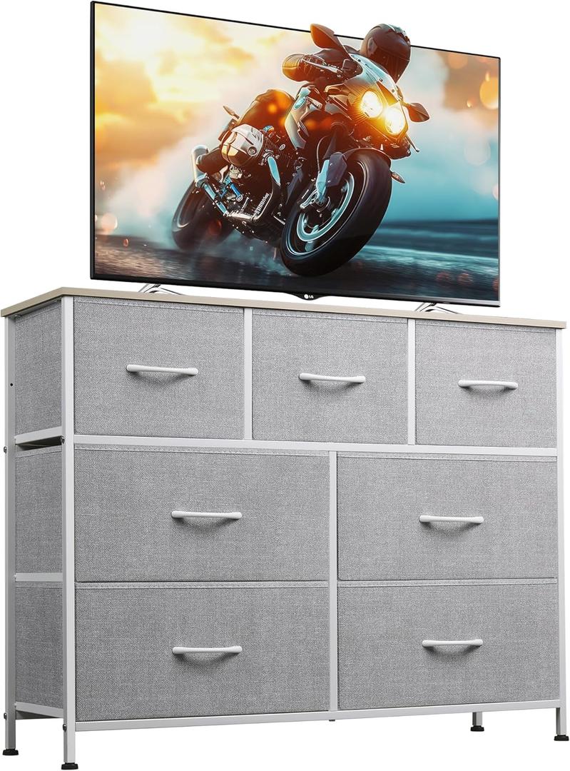 WLIVE 7 Drawer Dresser TV Stand, Entertainment Center, Media Console Table with Metal Frame and Wood Top for TV up to 45 inch, Chest of Drawers for Bedroom, Living Room, Light Grey