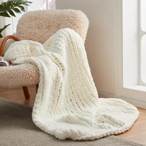 Amlie Home Chunky Knit Throw Blanket for Couch, Soft Chenille Handmade Crochet Throw Rope Knot Blanket for Children, 40"x50", Ivory