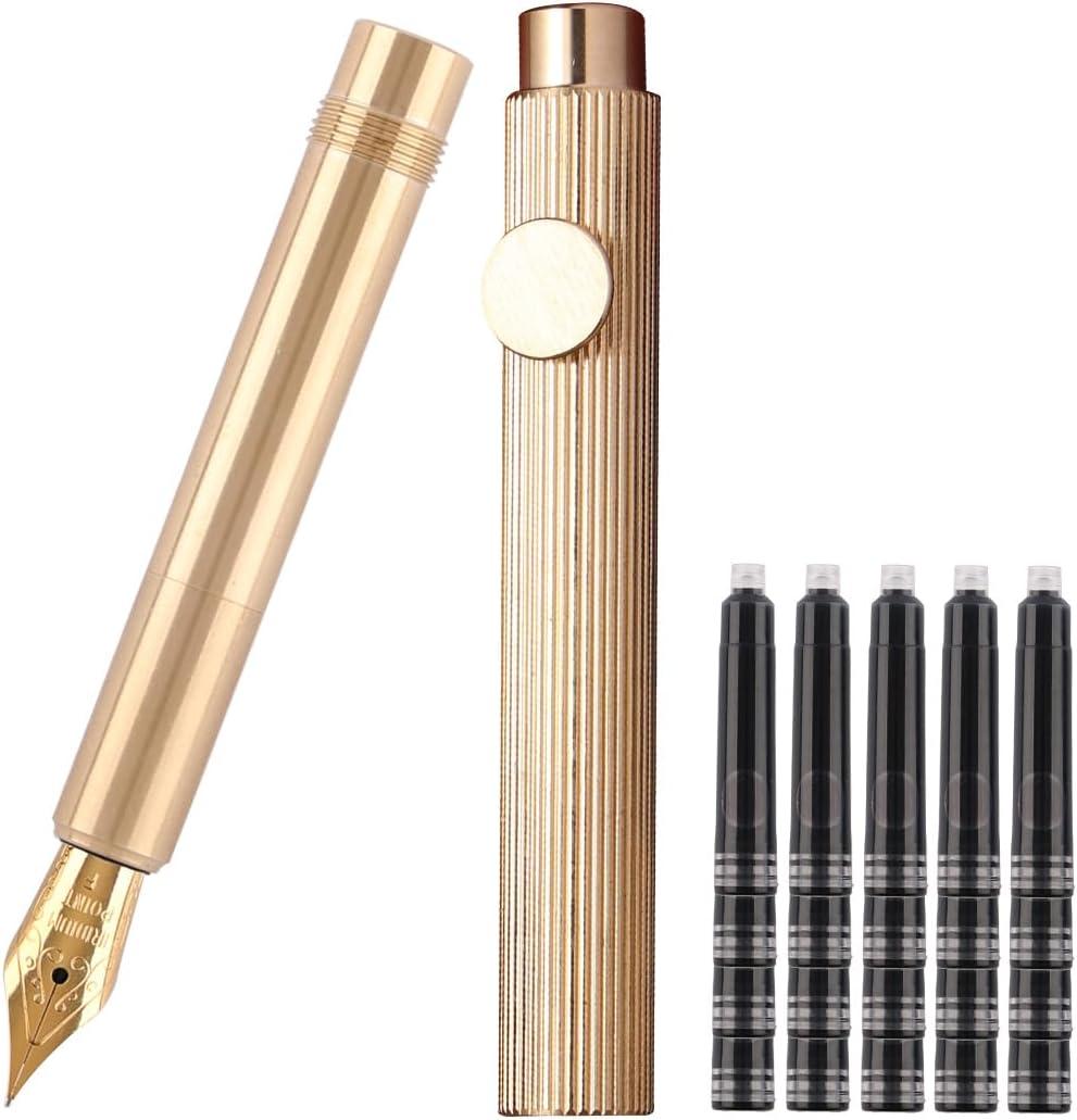 Brass Fountain Pen (85mm) Short Paragraph Pocket Mini Travel Pen Iridium Fine Nib Fountain Pen with 20 Pcs Black Ink Cartridges, Vertical Line
