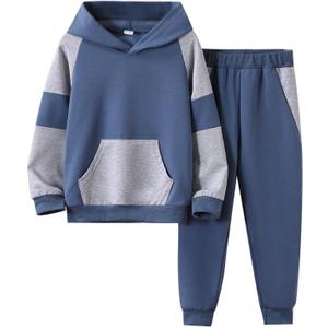 5-11Y Boys Clothes Long Sleeve Hooded Pullover Colorblock Sweatshirt + Pants 2pcs Fall Winter Outfit Set (13-14Y, Z:blue)