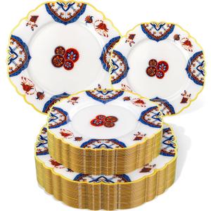 Morejoy 60pcs Vintage Bohemian Plastic Plates - White Plastic Plates Featuring Classic Blue and Russet Floral Design With Gradient Gold Rim, 10.25 Dinner & 7.5 Dessert Plates for Wedding & Party