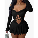 Long Sleeve Mini Dresses for Women Hollow Out Bandage Robe Club Sweet Slim Short Dress M