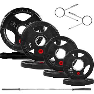 Fitvids Olympic Cast Iron 2-Inch Weight Plates Including 5FT Olympic Barbell Bar & Safely Locks, 100 Pounds Set (85 lbs Plates + 15 lbs Barbell Bar), Multiple Packages