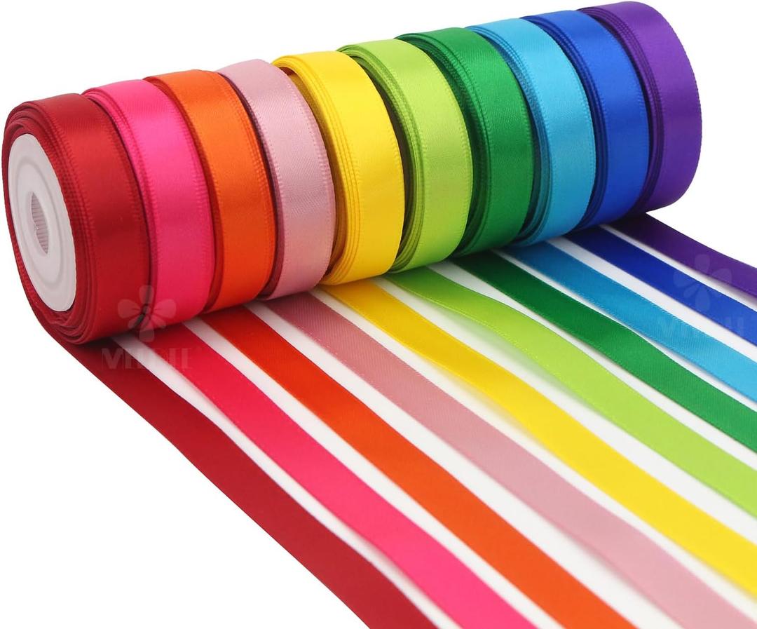 2 x MEEDEE 3/8 Inch Satin Ribbon Set 10 Rolls Rainbow Double Face Ribbon for Gift Wrapping, 5 Yards Each (Total 50 Yards), Decorative Ribbon for Presents & Party Favors