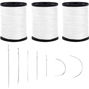 Topus Extra Strong Upholstery Repair Sewing Thread Kit and Heavy Duty Household Hand Needles, Including 7 Styles of Leather Canvas Sewing Needles and 3 Rolls Nylon Thread (70 Yard of Each Roll), White