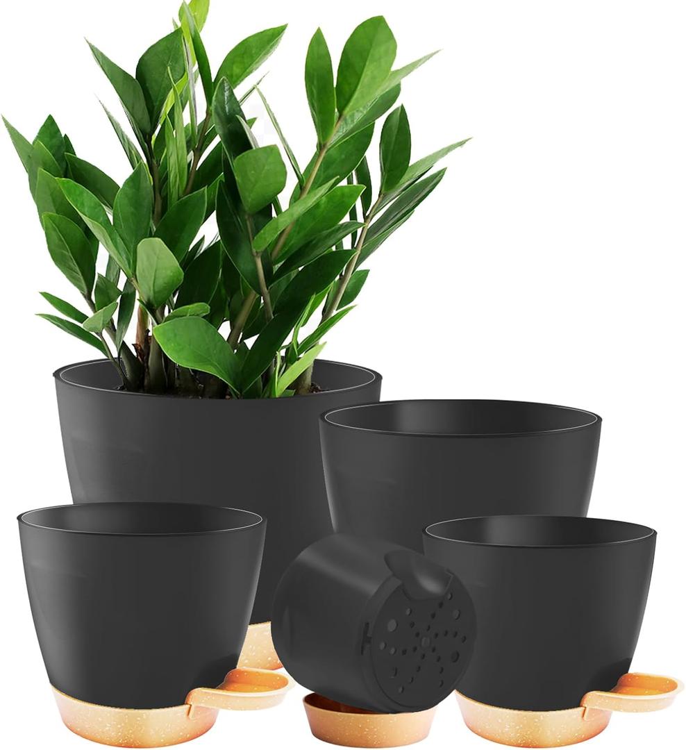 Carsapro 5-Pack Plant Pots with Drainage 7/6.5/6/5.5/5 Inch, Self Watering Pots for Indoor Plants, Planters for Indoor Outdoor Plants, Plastic Flower Pot, Planter for Indoor Outdoor (Black)