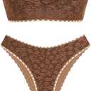 ZAFUL Women's High Cut Bandeau Bikini Set Strapless Solid Color 2 Pieces Bathing Suit Swimsuit (Medium, 14-brown)