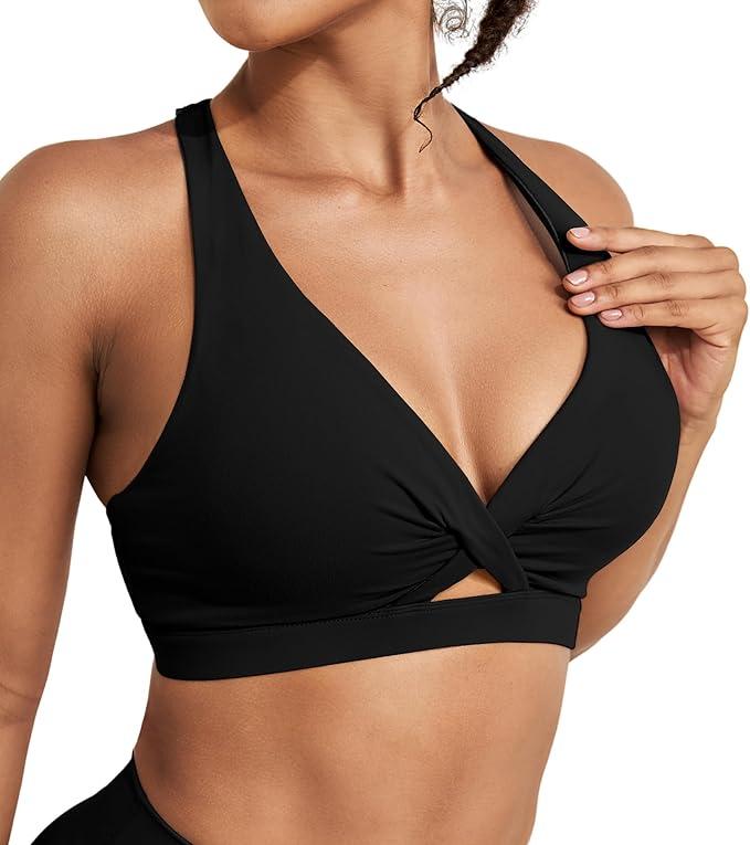 Push Up Sports Bras for Women - Medium Support Twist Front Cropped Workout Tops Racerback Yoga Bra with Removeable Pads Black L