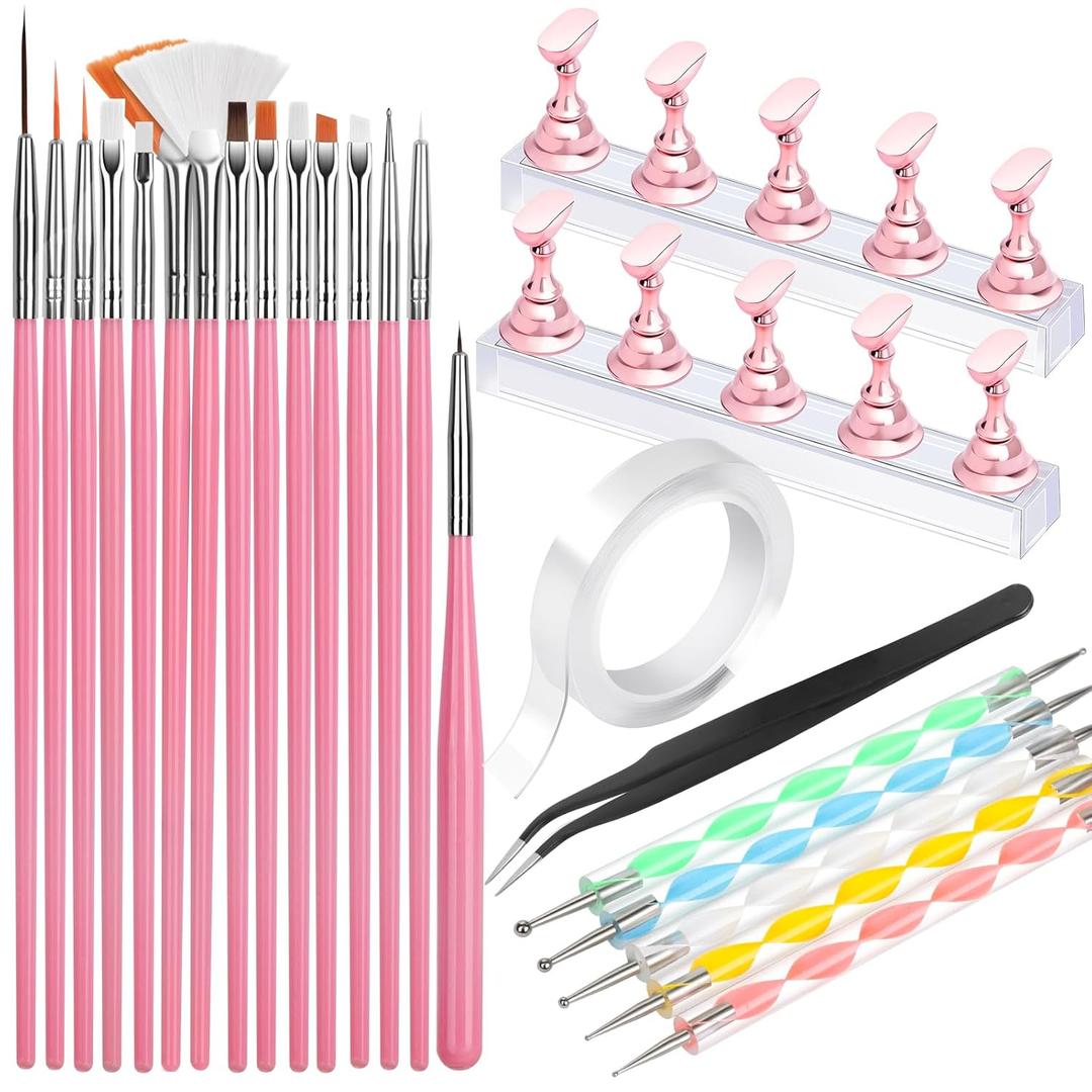 FANDAMEI Nail Art Tools, Nail Brush, 15 PCS Nail Art Brushes, 5 PCS Nail Dotting Tool, Nail Stand, Nail Holder For Painting Nails, Press On Nail Stand, Nail Tools, Nail Design Tools (Pink)