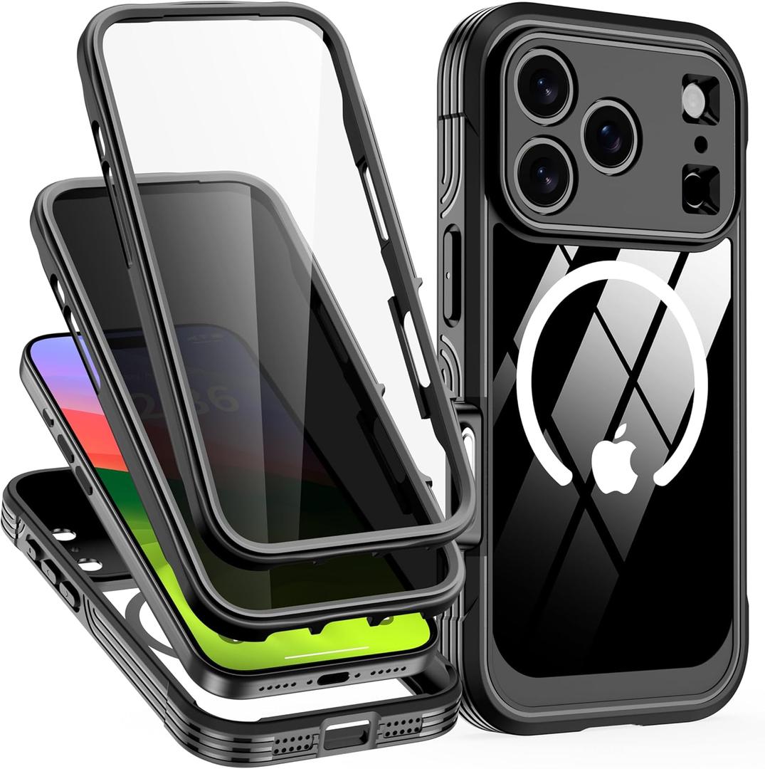 Magnetic for iPhone 17 Pro Case, [Compatible with Magsafe] Built-in 9H & Privacy Screen Protector, [Military Grade Protection] Shockproof Anti Spy for iPhone 17 Pro Phone Case, Black