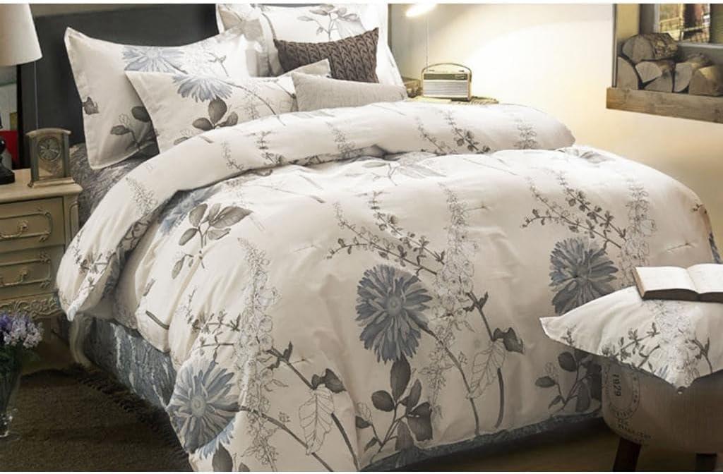 Wake In Cloud - Floral Comforter Set, 100% Cotton Fabric, Vintage Flower Shabby Chic Farmhouse Botanical Cottagecore Sunflower, 3 Pieces Bedding Set, Gray Beige, King Size