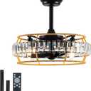 18 inch Caged Ceiling Fan with Light - Rustic Farmhouse Chandelier Ultra-Quiet Reversible Motor, 3 Speeds Remote Control, for Kitchen Living Room Nursery Bedroom Office (Color Crystal + Twine)