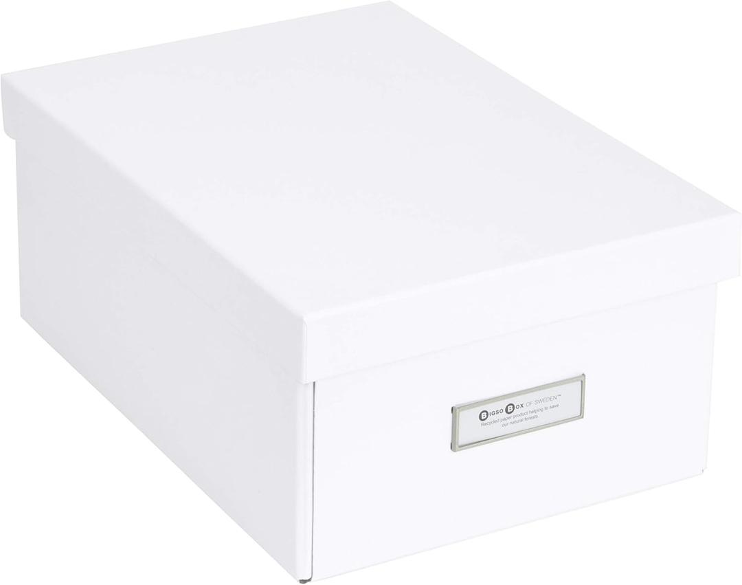 Bigso Box of Sweden Karin Collapsible Storage Box with Labelframe for Easy Identification - Simple Assembly without Tools - Decorative Storage Boxes with Lids - 8.9in x 12.4in x 5.4in - White