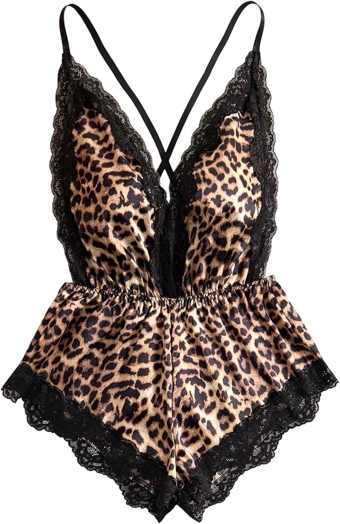 OYOANGLE Women's Cheetah Print Satin Lingerie Bodysuits Leopard Lace Trim Criss Cross Teddy Babydolls (Medium, Brown)
