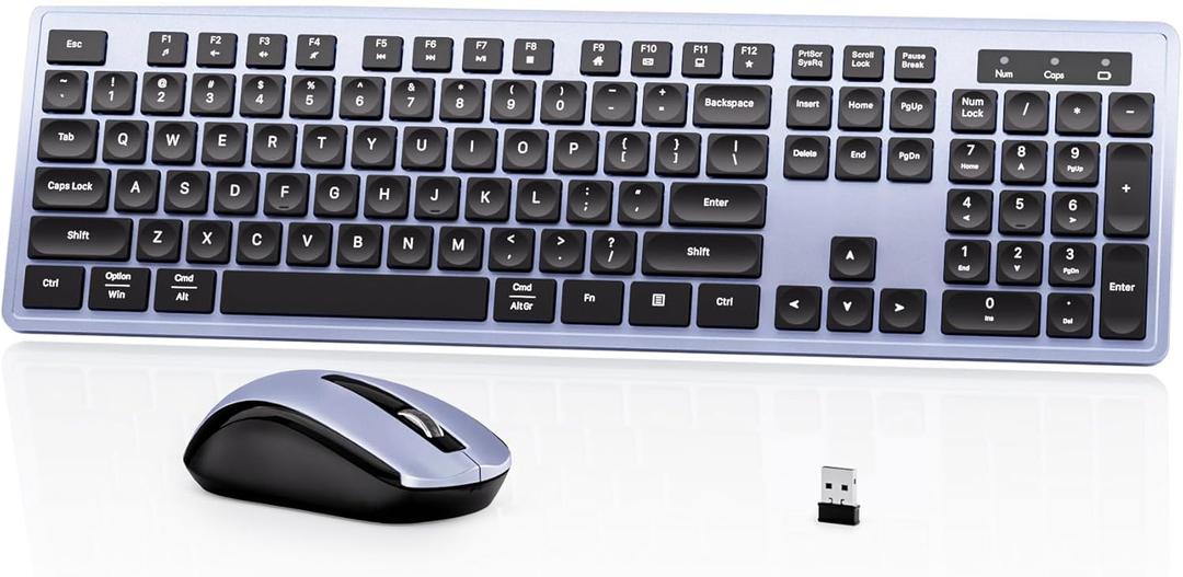 Wireless Keyboard Mouse Combo - 2.4Ghz Office Quiet Keyboard and Mouse Wireless - 104 Keys Full Size Ergonomic Keyboard for Laptop, Computer, PC, Notebook (Full Size Blue Purple Black)