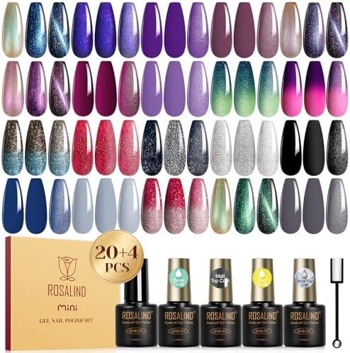 ROSALIND 24PCS Cat Eye Gel Nail Polish Set with Glitter Glossy Matte Top Coat Base Coat, Color Changing Glitter Shinny Effect Magic Gel Polish Set Soak Off Nail Gel Polish Nail Art