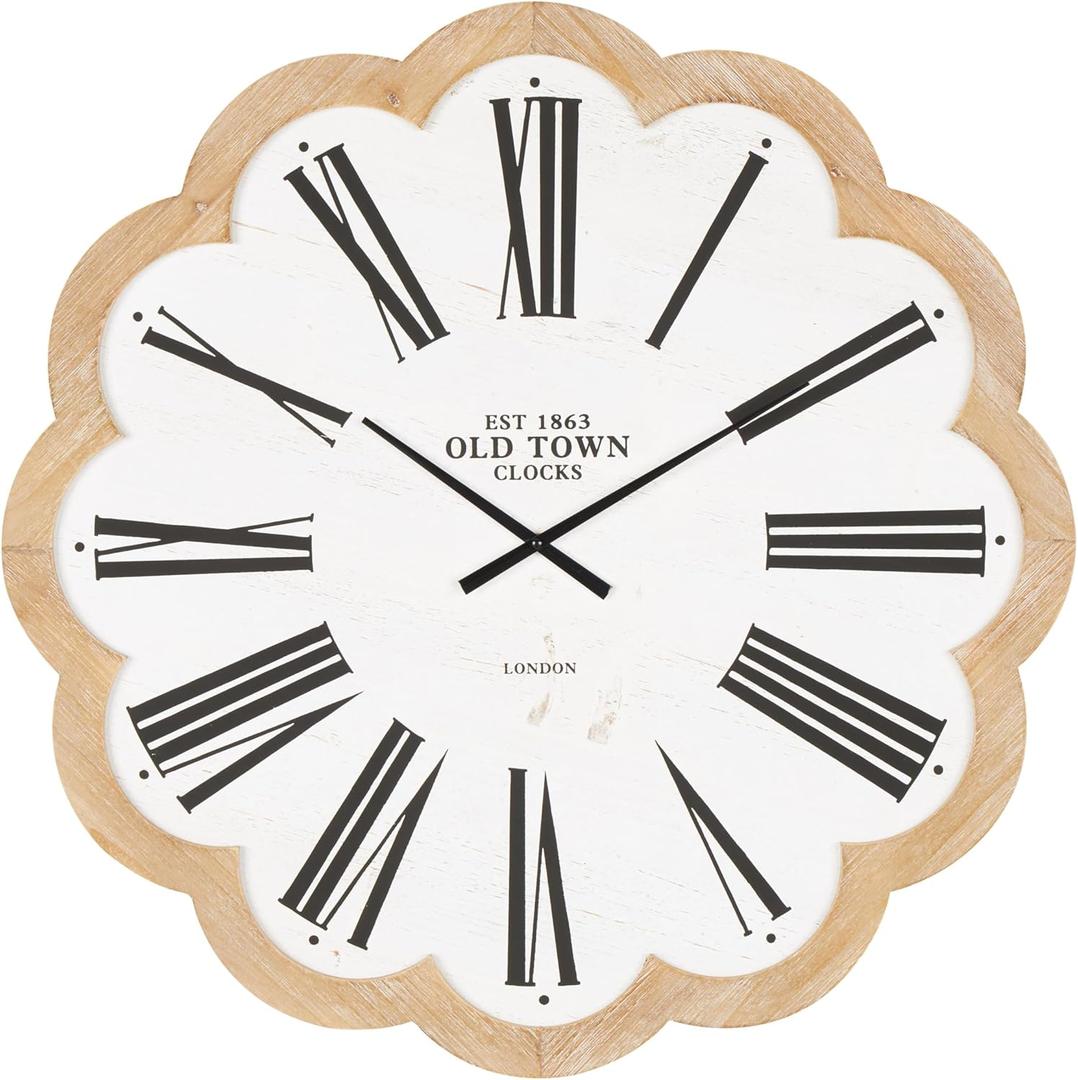 Deco 79 Wood Decorative Wall Clock Floral Shaped Wall Clock for Home with Brown Scalloped Frame, Wall Clock for Room 33" x 1" x 33", White