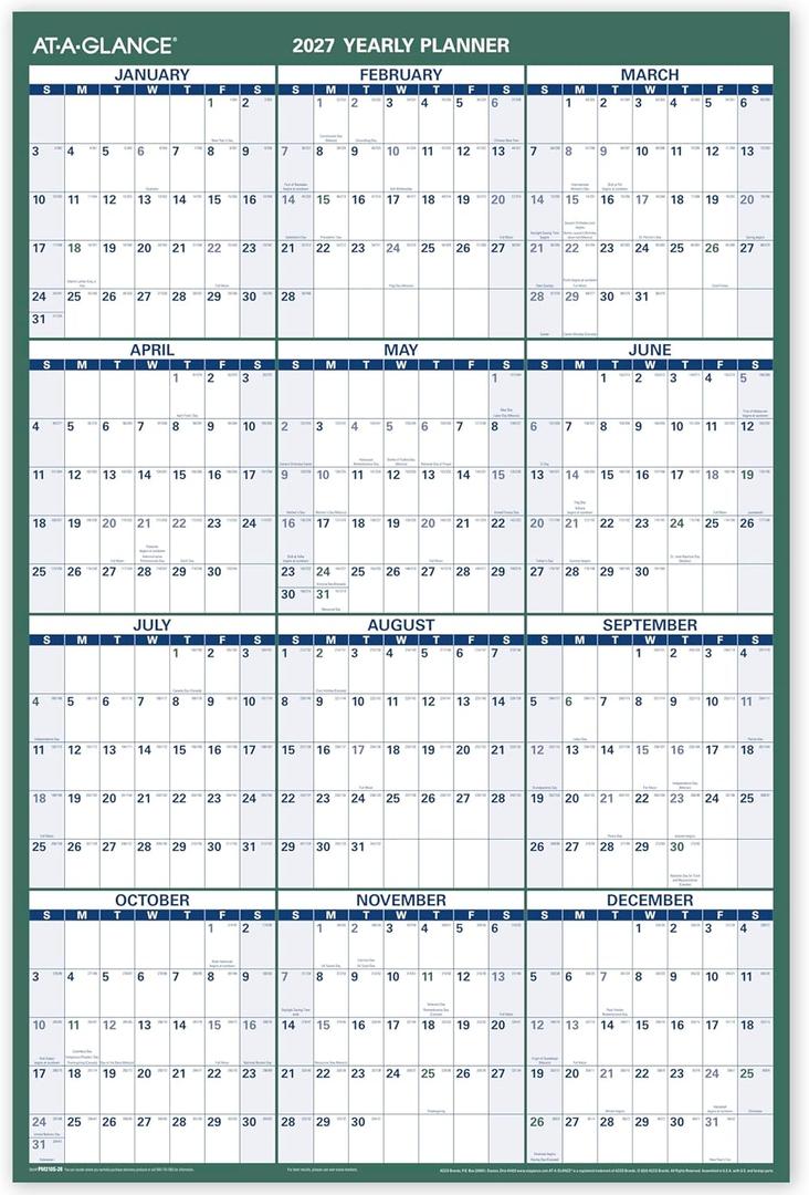 AT-A-GLANCE Dry Erase Calendar 2026-2027 Academic & Regular Year Wall Planner, 12-Month, 24" x 36", Double Sided, Vertical (PM210S28)