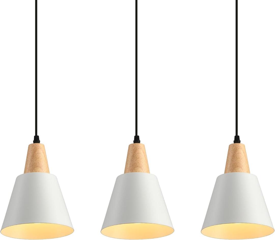 2 Pack Pendant Lights, White Pendant Lights Kitchen Island,Wood Dome Minimalist Industrial Ceiling Hanging Lights for Kitchen Island, Barn, Dining Room, Living Room, Bedroom