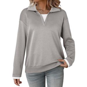 Dokotoo Sweatshirt for Women Long Sleeve V Neck Color Block Oversized Casual Pullover Sweatshirts Tops (Gray, XL)