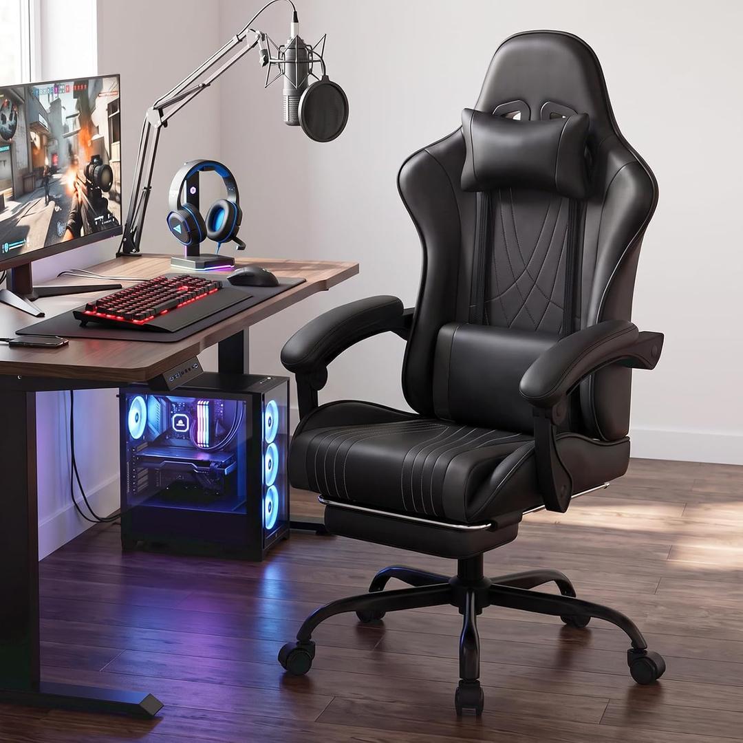 LUCKRACER Gaming Chair with Footrest, Pocket Spring Seat, 90°-135° Reclining Computer Chair with Linkage Armrests, Lumbar Support, Height Adjustment, SGS-Tested Gas Lift, 330 lbs Capacity, Black
