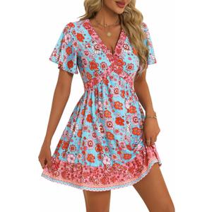 GUBERRY Women's Summer Boho Dress with Pockets V Neck Ruffle Flowy Casual Floral Babydoll Mini Short Sun Beach Dress Large