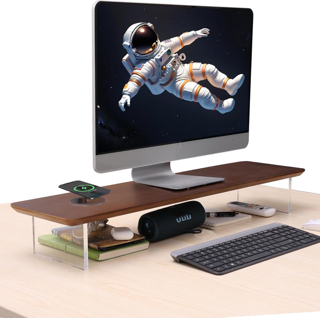 SUIBIAN Elegant Wood & Acrylic Monitor Stand with 15W Wireless Charging 31.5" Large Desk Riser for Ergonomic View, Desktop Organizer, Laptop & PC | Modern Floating Design(Walnut Wood)