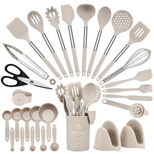 Hvygss 28 Pcs Silicone Cooking Utensils Set with Stainless Steel Handle, 446℉ Heat-Resistant Kitchen Utensils Set with Holder, Dishwasher Washable Silicone Spatula for Non-stick Cookware (Khaki)