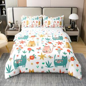 Feelyou Cat Bedding Duvet Cover Set 100% Cotton Twin Size Kids Cats Print Bedding Set Cute Kitten Leaf Comforter Cover Set Botanical Leaf Green Bedspread Cover with 1 Pillow Case,No Comforter (Yellow Blue)