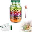 Salad Jar with Side Opening, Side Open Mason Jar with Leakproof Dressing Compartment and Fork, Portable On the Go Lunch Container, Dishwasher & Freezer Safe, for Office,Travel and Outdoor (Green)