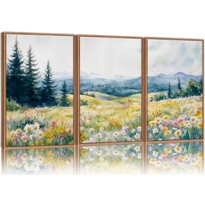 KaiWithYuan Watercolor Mountain Woodland Framed Canvas Wall Art, Nature Pine Tree Forest Wall Decor, Modern Daisy Flower Art Paintings, Cozy Meadow Artwork for Bedroom Living Room Office 16"x24"x3