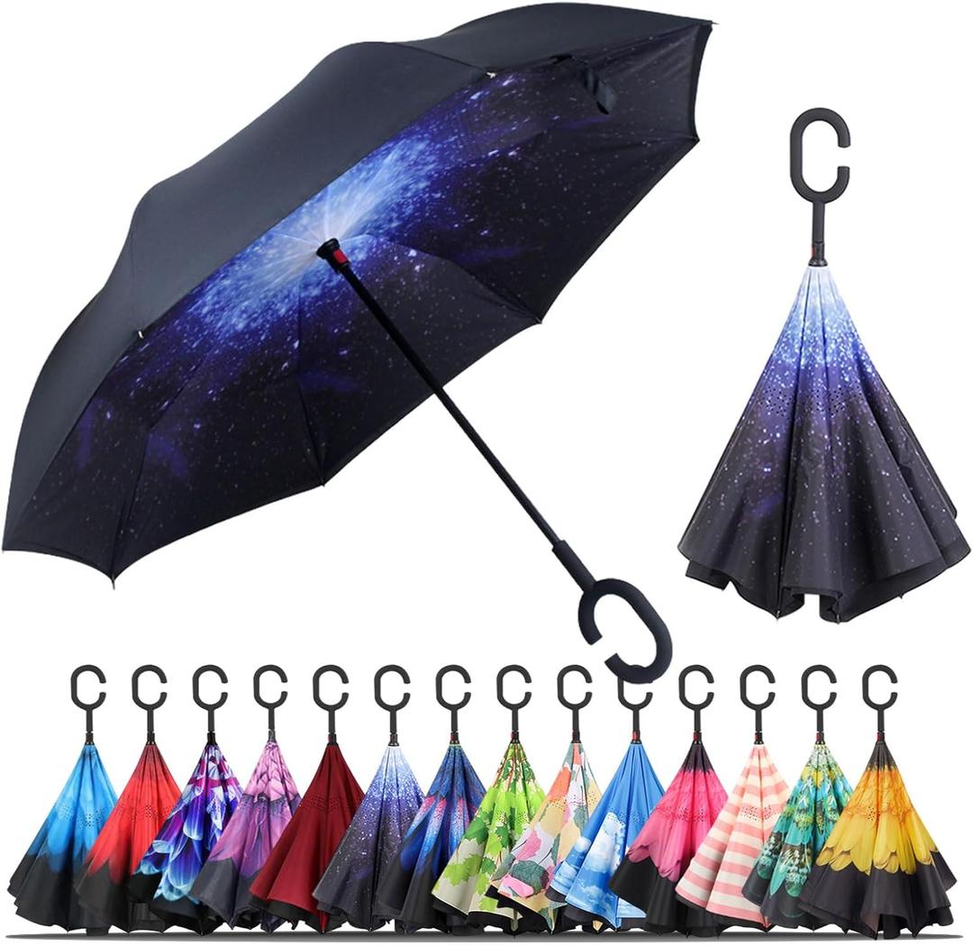LLanxiry Windproof Inverted Umbrella, Large Reverse Umbrellas for Rain with C-shaped Handle Big Upside Down Inside Out Umbrella for Women & Men (starry sky)