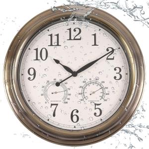 16 Inch Outdoor Clock Thermometer Combo, Bronze Metal-Frame Outdoor Clocks Waterproof, Silent Outdoor Wall Clock for Patio Pool