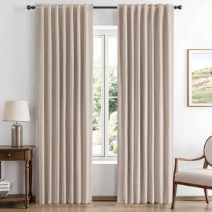 MIULEE 100% Blackout Linen Curtains for Bedroom, Beige Solid Luxury Decor Thermal Insulation Room Darkening Drapes for Living Room Nursery Back Tab Rod Pocket 42 x 90 Inches, 2 Panels