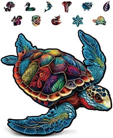 CRAFTHUB Animal Wooden Puzzles for Adults – A3 Vibrant Sea Turtle with 122 Pieces – Jigsaw Puzzles with Unique Animal Shapes – 10.7" x 10.3"