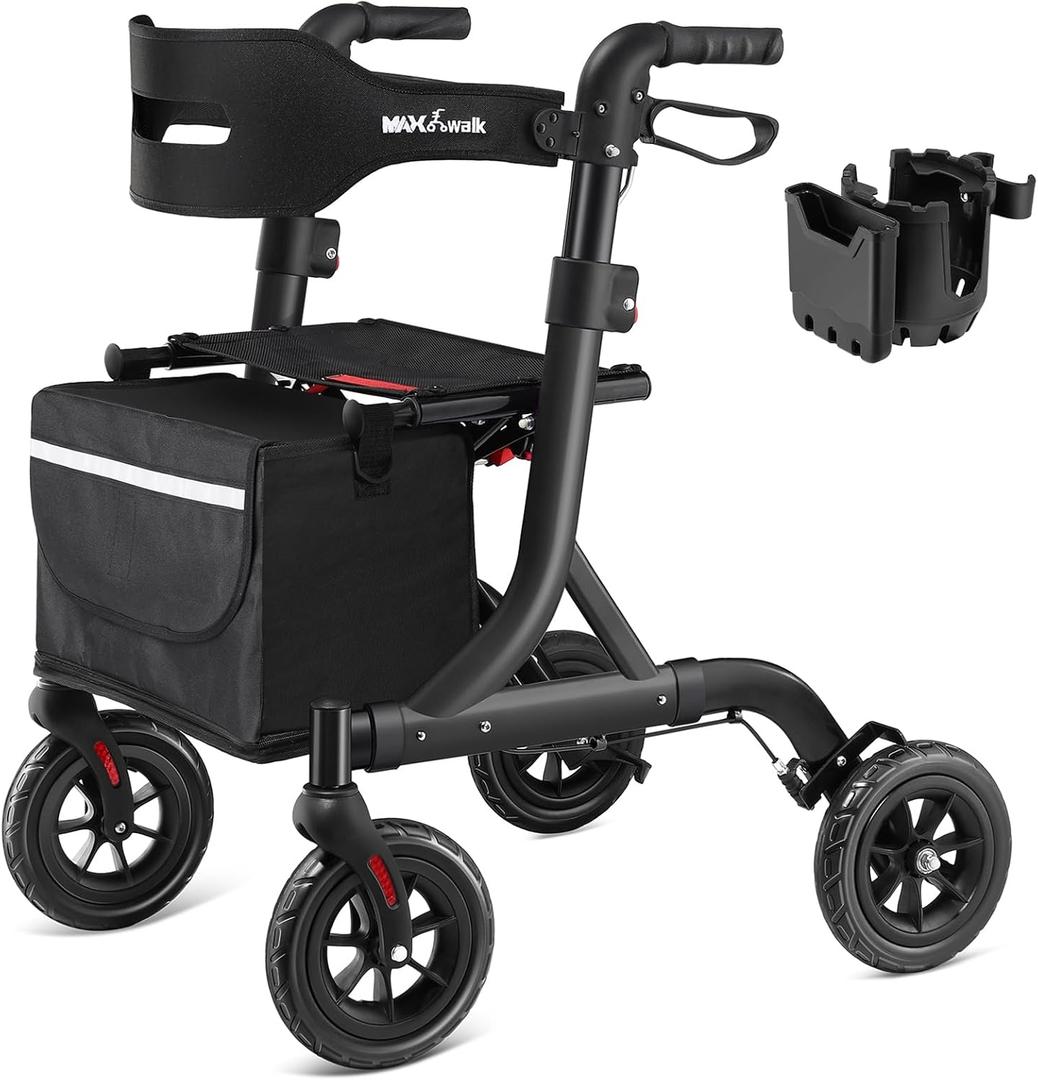 MAXWALK Walkers for Seniors, Rollator Walker with Seat, 8" Rubber Wheels All Terrain Rollator Walker with Backrest, Aluminum Walkers Built-in Cable, Foldable and Adjustable Height for Seniors, Black