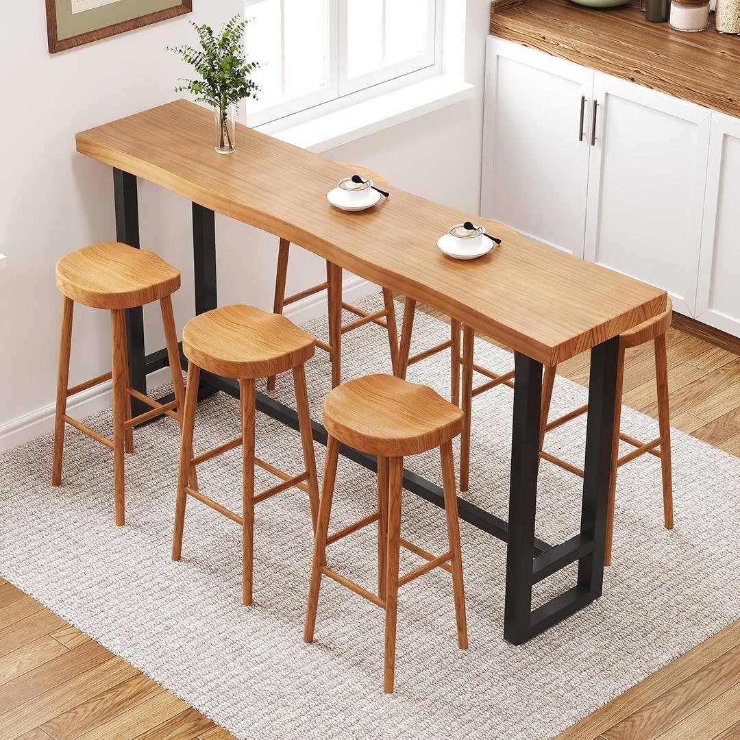 55in Solid Wood Live Edge Bar Table - Bar Height Pub Table with Built-in Footrest, Solid Wood Top & Sturdy Metal Legs for Kitchen, Dining & Bistro Spaces, 55.12in