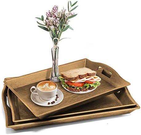 Set of 3 Large Serving Trays w/Handles Nesting Breakfast Serving Trays Afternoon Tea Tray Decorative Rectangular Display Tray Set Nested Food Tray Butler Serving Tray for Kitchen Party Dinner Snack