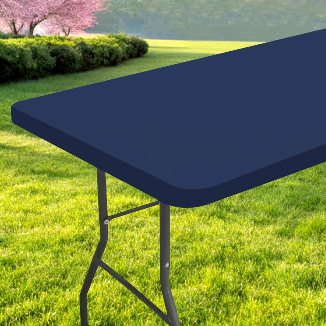Spotjoy Rectangle Table Cloth, Waterproof Elastic Fitted Tablecloth for 5 Foot Folding Tables, Washable Polyester Tablecloths for Picnic, Camping, Outdoor (Navy Blue, 30"x60")