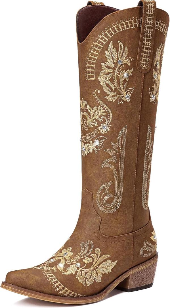Cowboy Boots for Women - Wide Calf Knee High Cowgirl Boots, Glitter Sparkly Rhinestone Western Country Boots with Classic Embroidery, Pointed Toe Pull On Zipper Retro Boots (7.5, Brown)