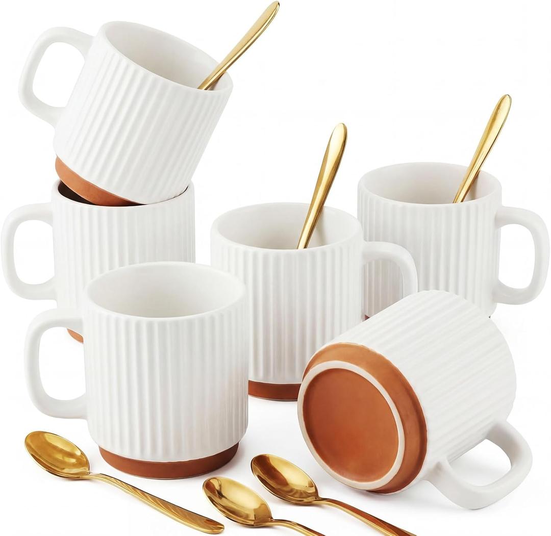 6 Set Ceramic Coffee Mugs with Gold Spoons, 8.8 oz Textured Ribbed Coffee Cups for Latte & Cappuccino, Modern Farmhouse Tea Mugs with Handle, Dishwasher & Microwave Safe(White)