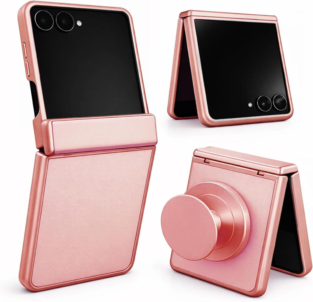 Genuine Leather Case for Galaxy Z Flip 7, MagSafe Compatible Slim Cover with Hinge Protection, Military-Grade Drop Protection, Free Magnetic Grip Holder, Color-Matched Trim (Pink)