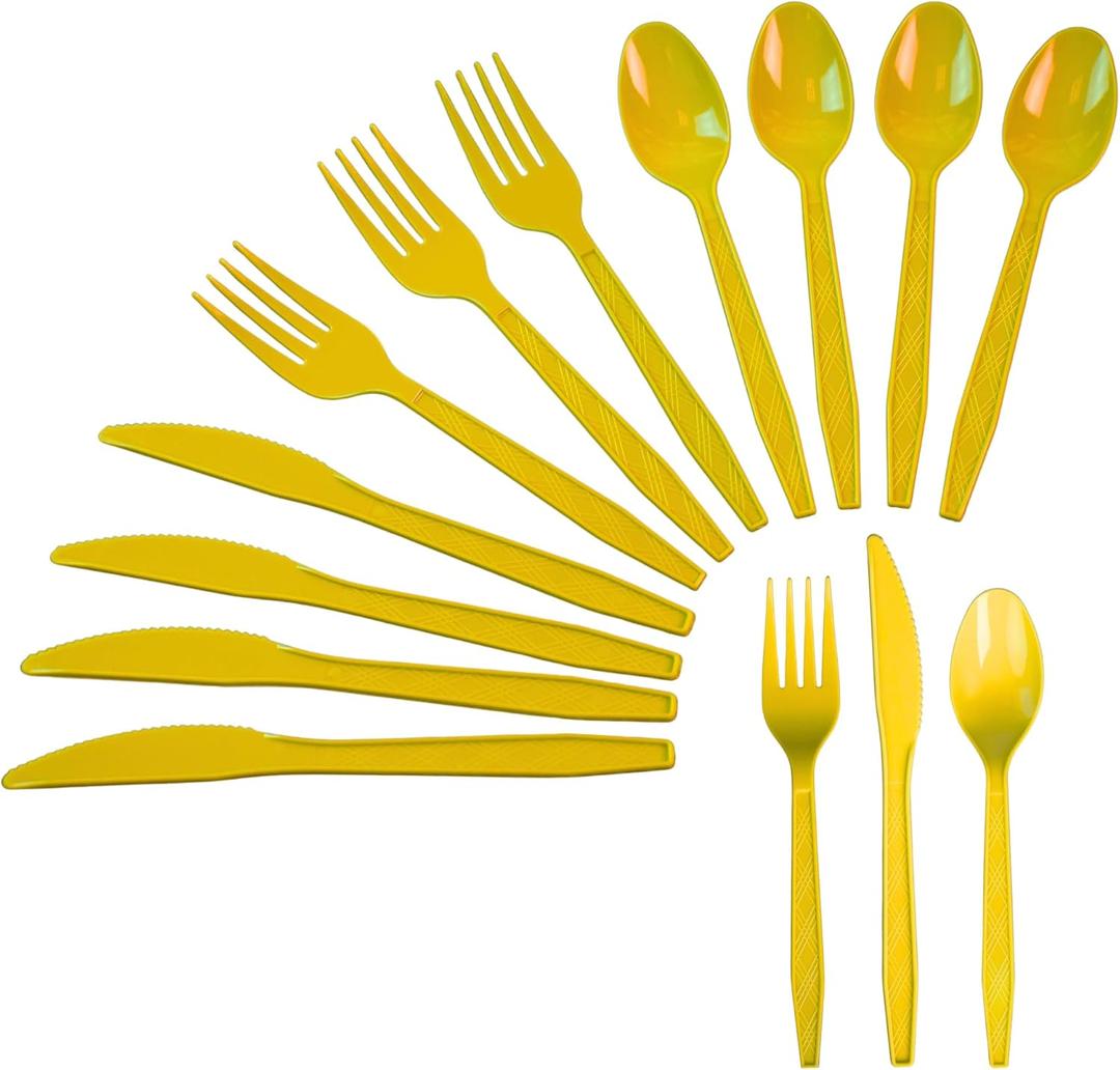 240 Pcs Disposable Yellow Plastic Silverware Set, Including Yellow Party Forks, Knives And Spoons 80 Pieces Each, Suitable For Parties, Weddings, Birthdays, Home Offices, Takeout