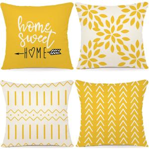 YCOLL Pillow Covers 18x18 Set of 4, Modern Sofa Throw Pillow Cover, Decorative Home Outdoor Linen Fabric Geometric Pillow Case for Couch Bed Car, Yellow